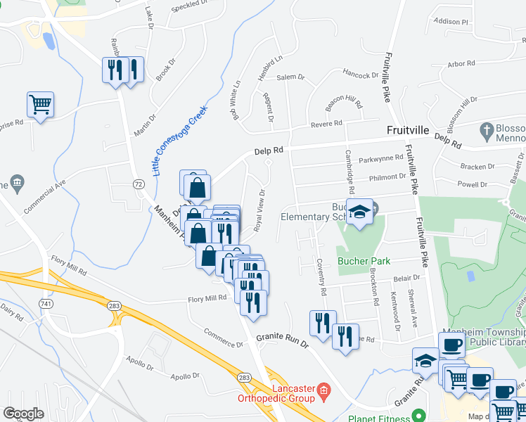 map of restaurants, bars, coffee shops, grocery stores, and more near 663 Royal View Drive in Lancaster