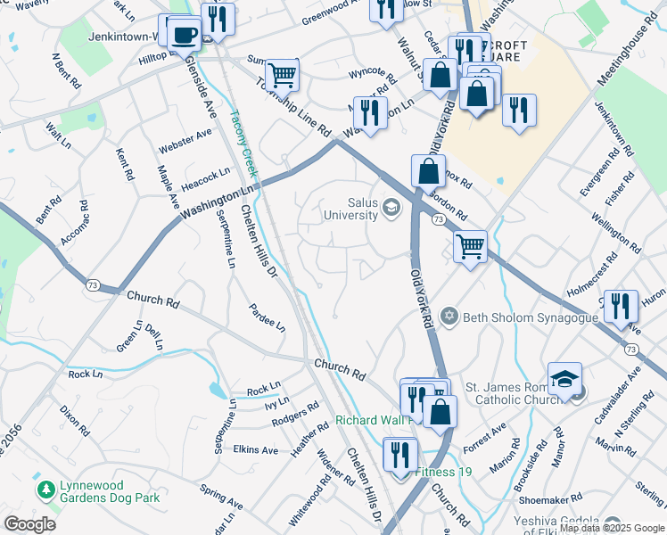 map of restaurants, bars, coffee shops, grocery stores, and more near 434 Copper Beech Circle in Elkins Park