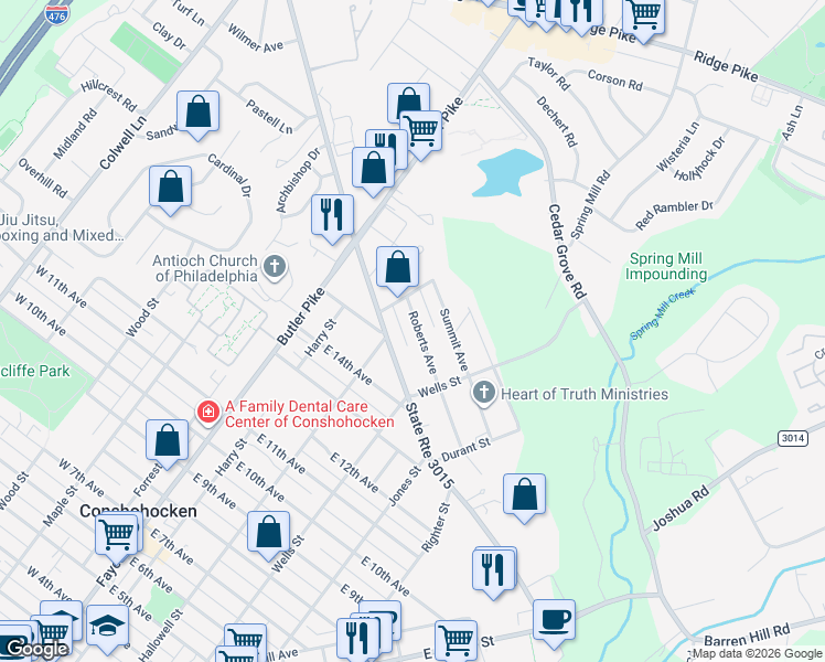 map of restaurants, bars, coffee shops, grocery stores, and more near 241 Roberts Avenue in Conshohocken