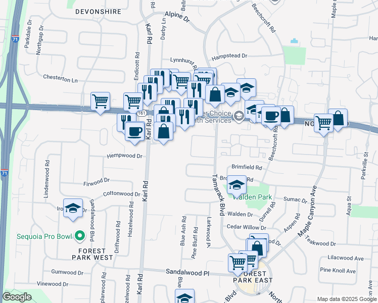 map of restaurants, bars, coffee shops, grocery stores, and more near 5727 Pine Tree Street South in Columbus