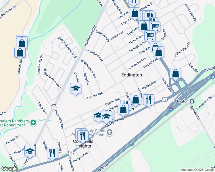 map of restaurants, bars, coffee shops, grocery stores, and more near 2550 Forrest Avenue in Eddington