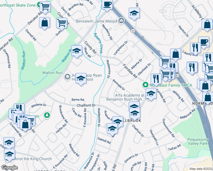 map of restaurants, bars, coffee shops, grocery stores, and more near 11128 Templeton Drive in Philadelphia