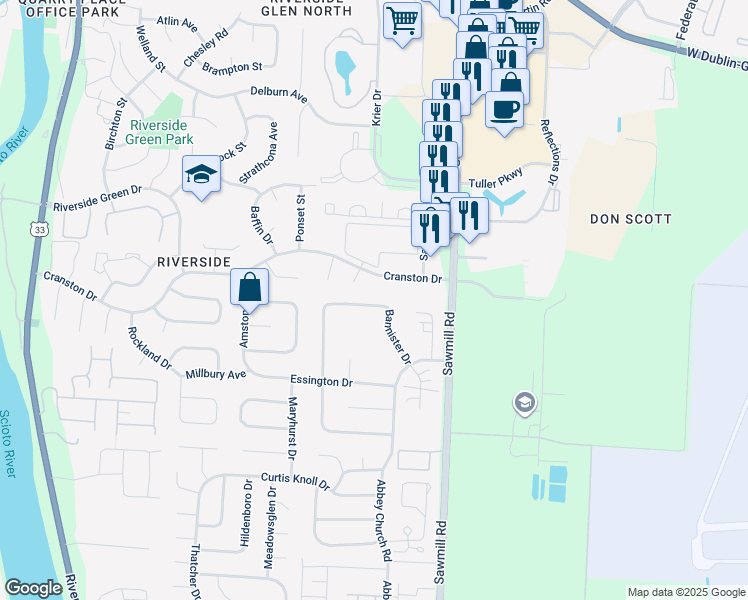 map of restaurants, bars, coffee shops, grocery stores, and more near 2948 Royalwood Drive in Dublin