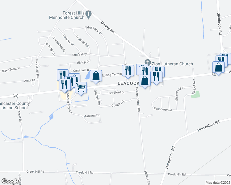 map of restaurants, bars, coffee shops, grocery stores, and more near 19 Bradford Drive in Leacock-Leola-Bareville