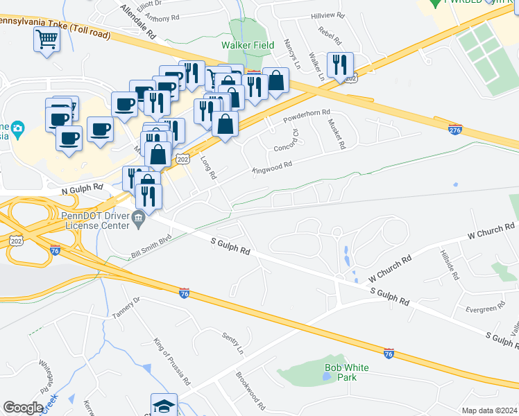 map of restaurants, bars, coffee shops, grocery stores, and more near 93 Bill Smith Boulevard in King of Prussia