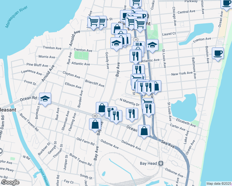 map of restaurants, bars, coffee shops, grocery stores, and more near 940 Bay Avenue in Point Pleasant Beach