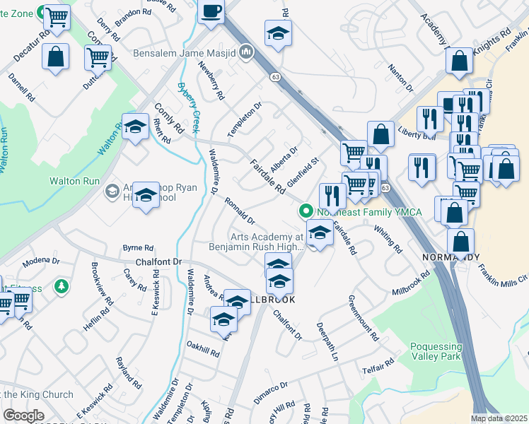 map of restaurants, bars, coffee shops, grocery stores, and more near 11935 Glenfield Street in Philadelphia