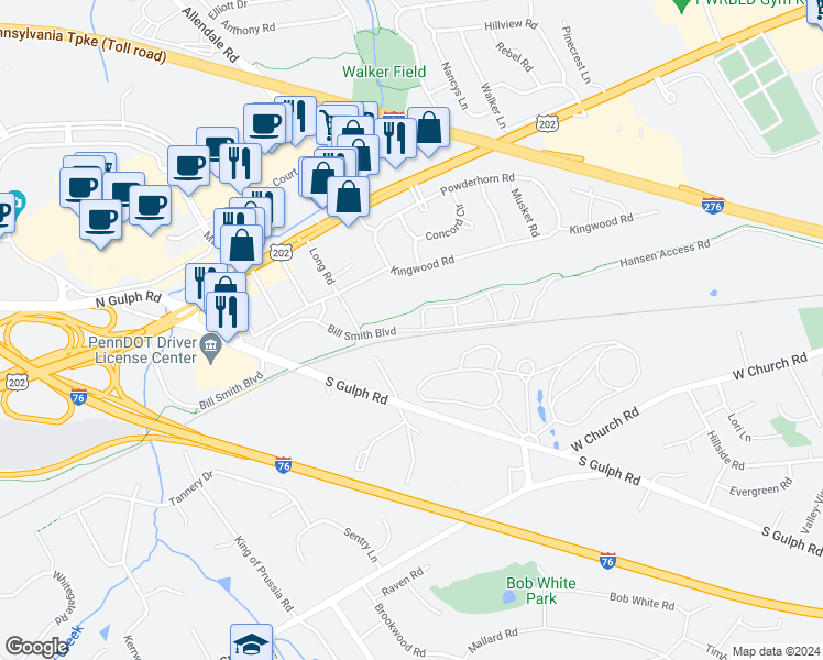 map of restaurants, bars, coffee shops, grocery stores, and more near Bill Smith Boulevard in King of Prussia