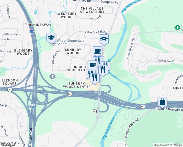 map of restaurants, bars, coffee shops, grocery stores, and more near 6025 South Sunbury Road in Westerville