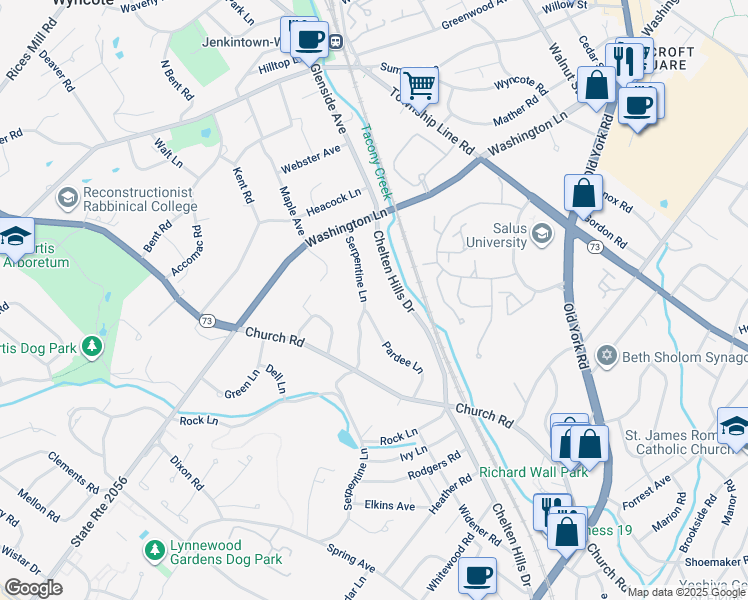 map of restaurants, bars, coffee shops, grocery stores, and more near 1009 Serpentine Lane in Wyncote