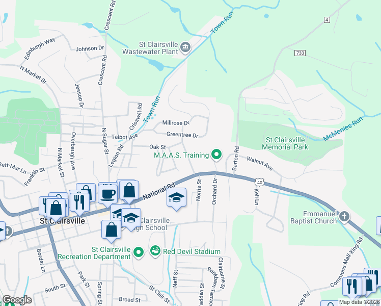 map of restaurants, bars, coffee shops, grocery stores, and more near 113 Parshall Avenue in Saint Clairsville