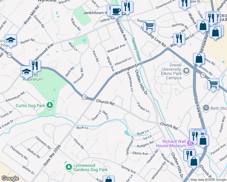 map of restaurants, bars, coffee shops, grocery stores, and more near 921 Laburnum Lane in Wyncote