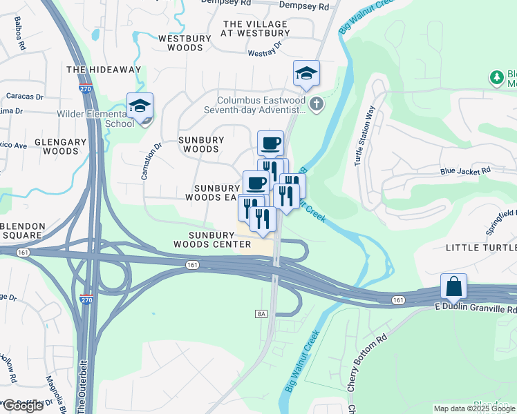 map of restaurants, bars, coffee shops, grocery stores, and more near 5991 Sunbury Road in Westerville