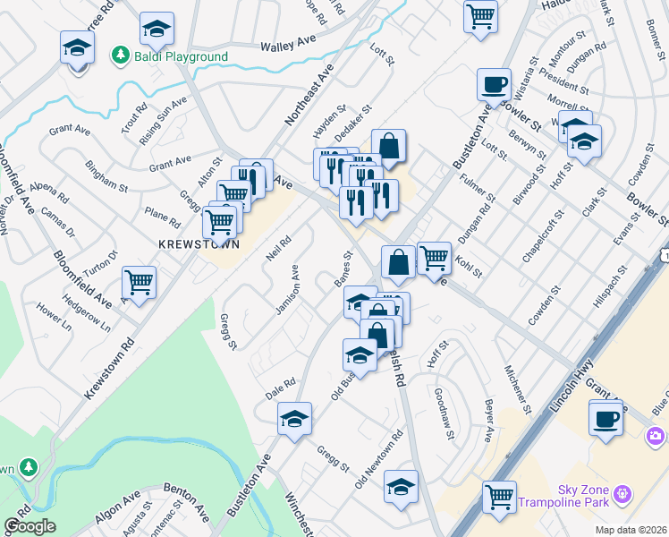 map of restaurants, bars, coffee shops, grocery stores, and more near 1727 Rachael Street in Philadelphia