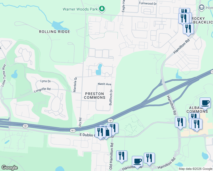 map of restaurants, bars, coffee shops, grocery stores, and more near 5524 Nash Place in Westerville