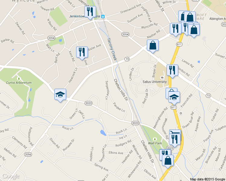 map of restaurants, bars, coffee shops, grocery stores, and more near 1009 Serpentine Lane in Wyncote