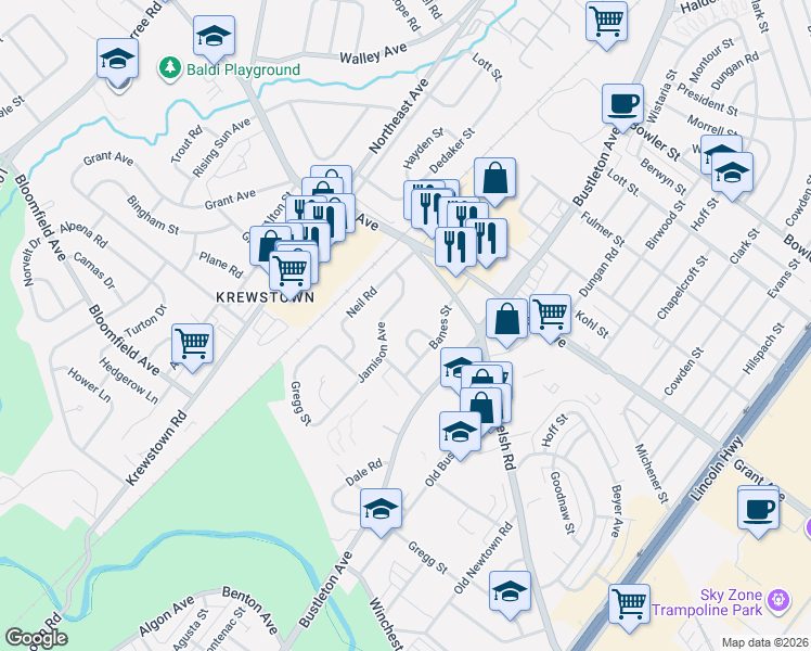 map of restaurants, bars, coffee shops, grocery stores, and more near 9321 Jamison Avenue in Philadelphia