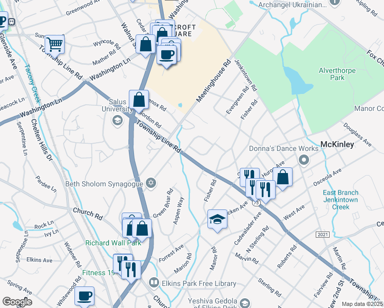 map of restaurants, bars, coffee shops, grocery stores, and more near 1036 Pennsylvania 73 in Elkins Park