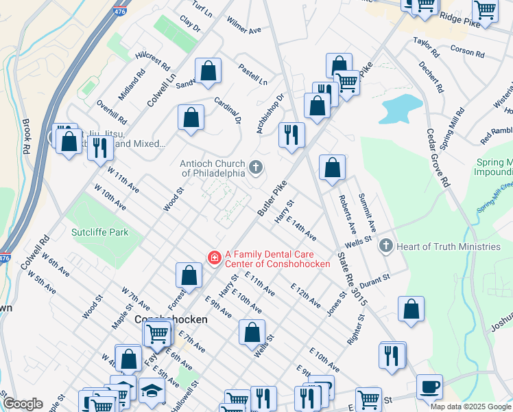 map of restaurants, bars, coffee shops, grocery stores, and more near 1331 State Route 3016 in Conshohocken