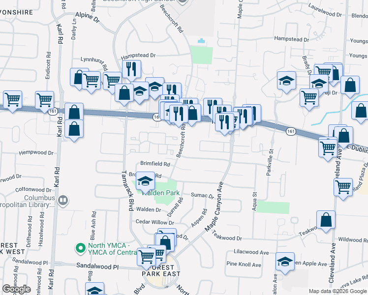map of restaurants, bars, coffee shops, grocery stores, and more near 1940 Forest Cedar Court in Columbus