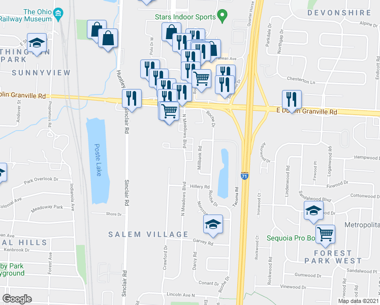 map of restaurants, bars, coffee shops, grocery stores, and more near 5794 North Meadows Boulevard in Columbus