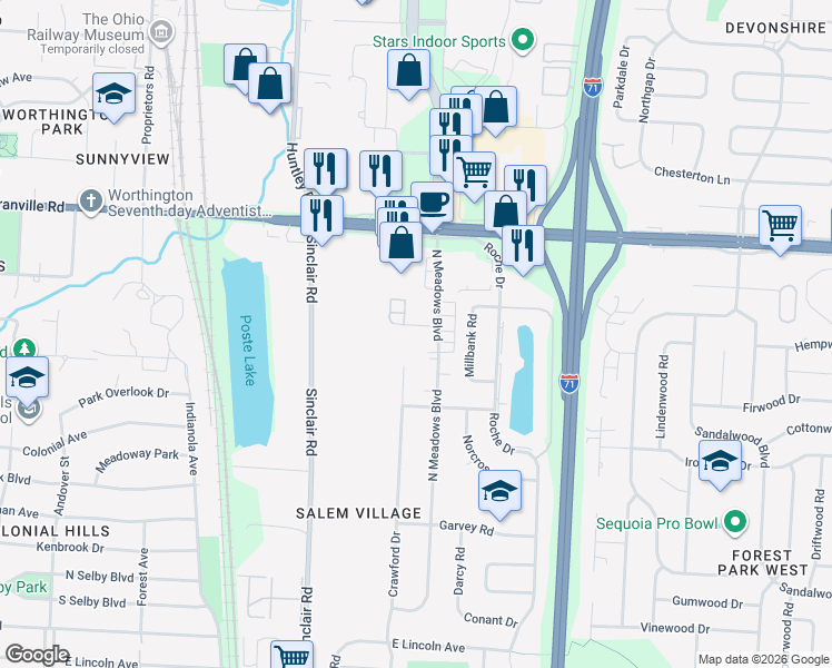 map of restaurants, bars, coffee shops, grocery stores, and more near 897 North Meadows Court in Columbus