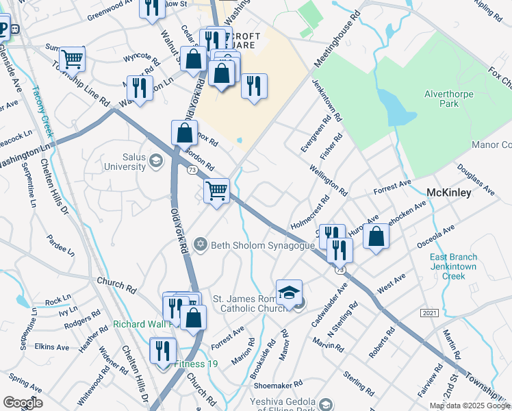 map of restaurants, bars, coffee shops, grocery stores, and more near 1088 Sparrow Road in Jenkintown