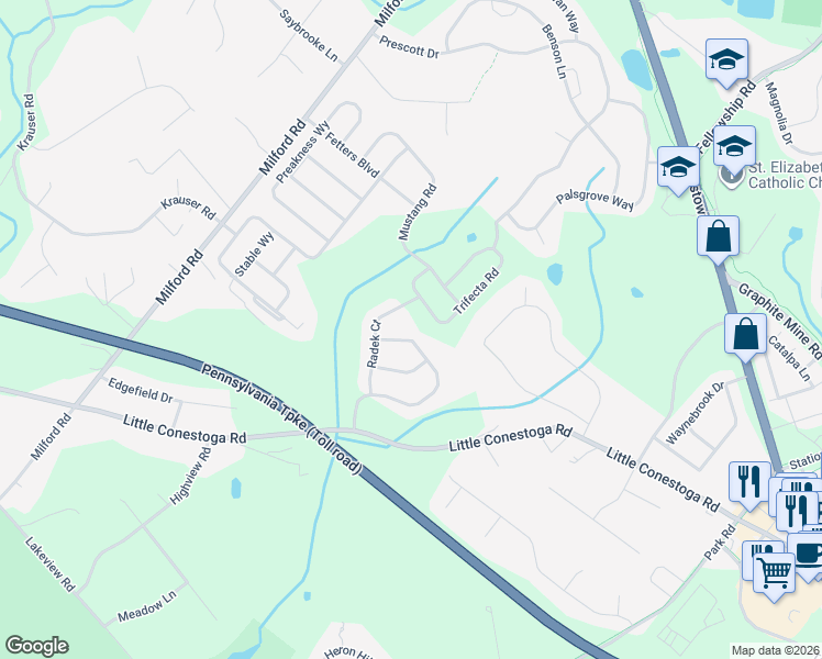 map of restaurants, bars, coffee shops, grocery stores, and more near 44 Dominic Drive in Downingtown