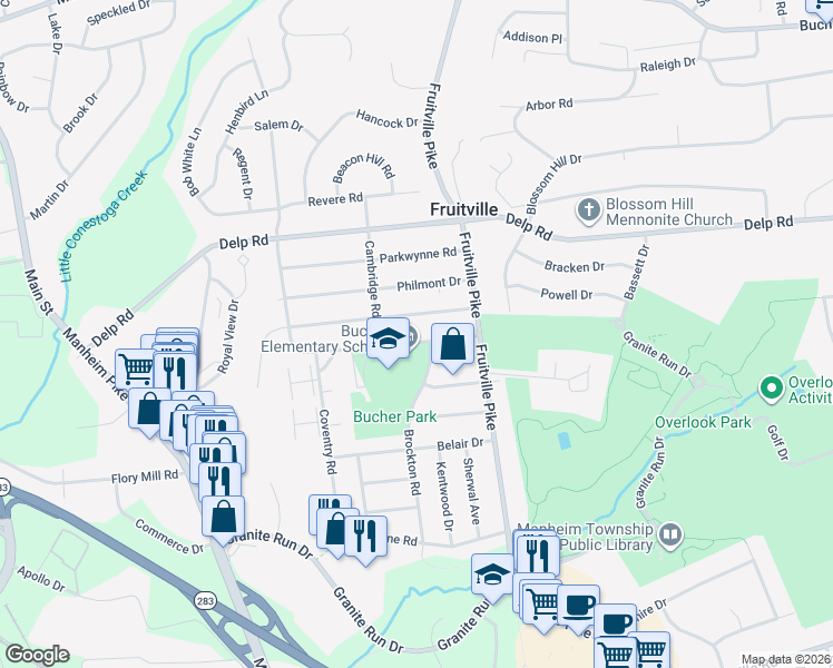 map of restaurants, bars, coffee shops, grocery stores, and more near 425 Candlewyck Road in Lancaster