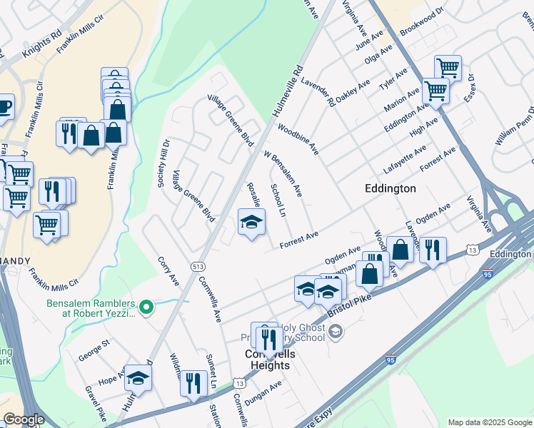map of restaurants, bars, coffee shops, grocery stores, and more near 1423 Rosalie Avenue in Bensalem