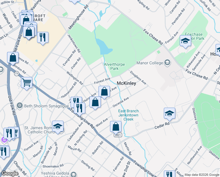 map of restaurants, bars, coffee shops, grocery stores, and more near 329 Tulpehocken Avenue in Elkins Park