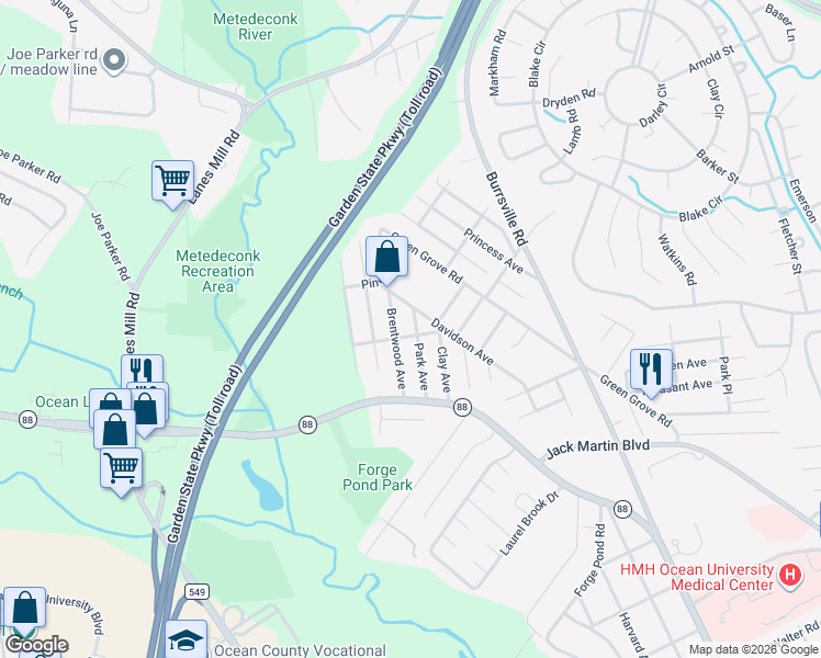 map of restaurants, bars, coffee shops, grocery stores, and more near 1432 Park Avenue in Brick Township