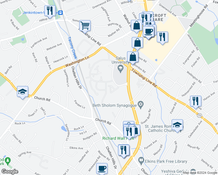 map of restaurants, bars, coffee shops, grocery stores, and more near 24 Breyer Court in Elkins Park