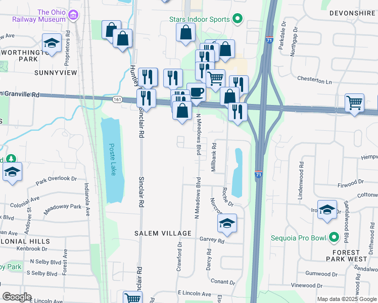 map of restaurants, bars, coffee shops, grocery stores, and more near 897 North Meadows Court in Columbus