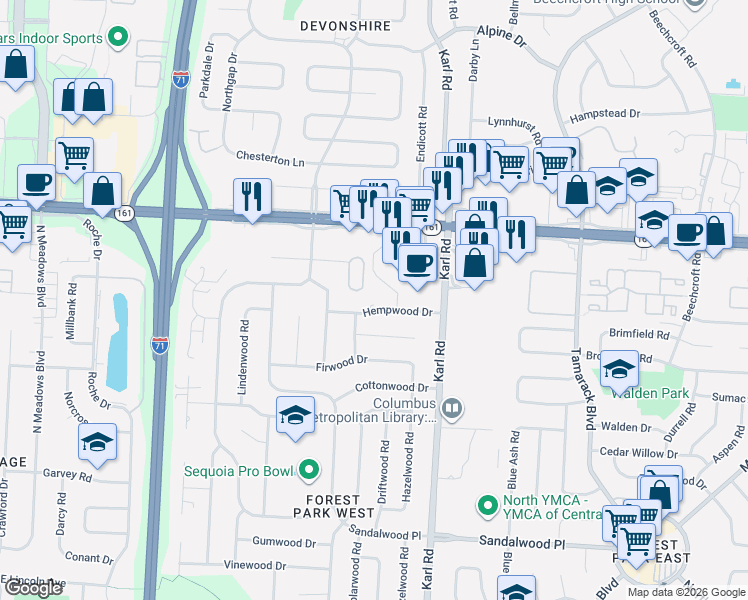 map of restaurants, bars, coffee shops, grocery stores, and more near 1440 Hempwood Drive in Columbus
