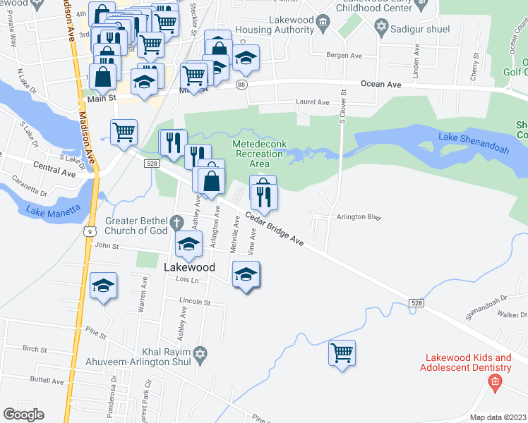 map of restaurants, bars, coffee shops, grocery stores, and more near 415 Cedar Bridge Avenue in Lakewood Township