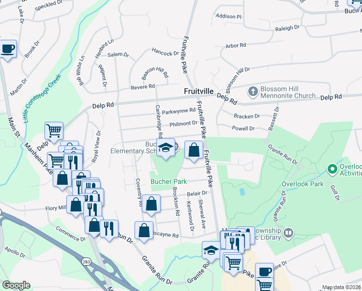 map of restaurants, bars, coffee shops, grocery stores, and more near 425 Candlewyck Rd in Lancaster