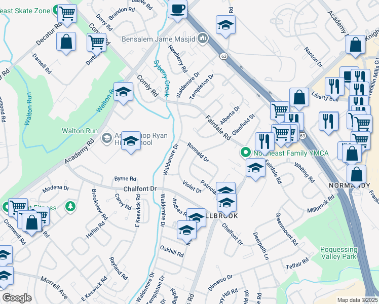 map of restaurants, bars, coffee shops, grocery stores, and more near 11139 Templeton Drive in Philadelphia