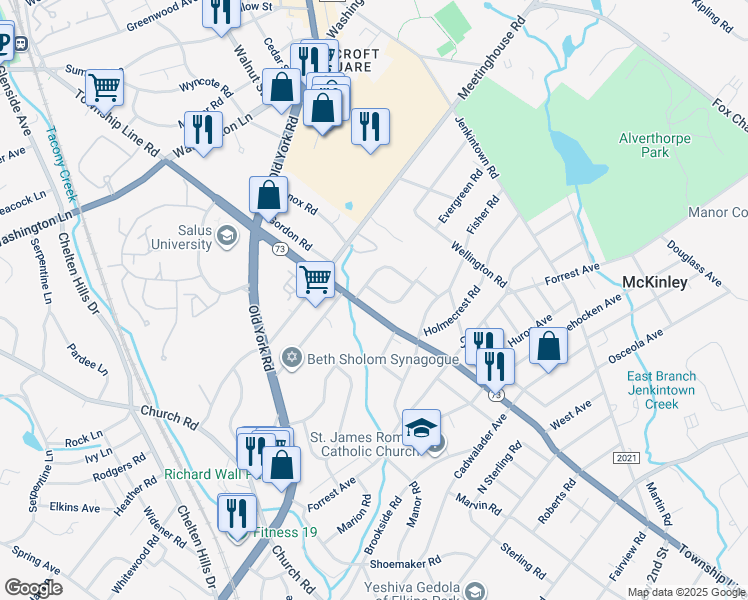 map of restaurants, bars, coffee shops, grocery stores, and more near 1088 Sparrow Road in Jenkintown