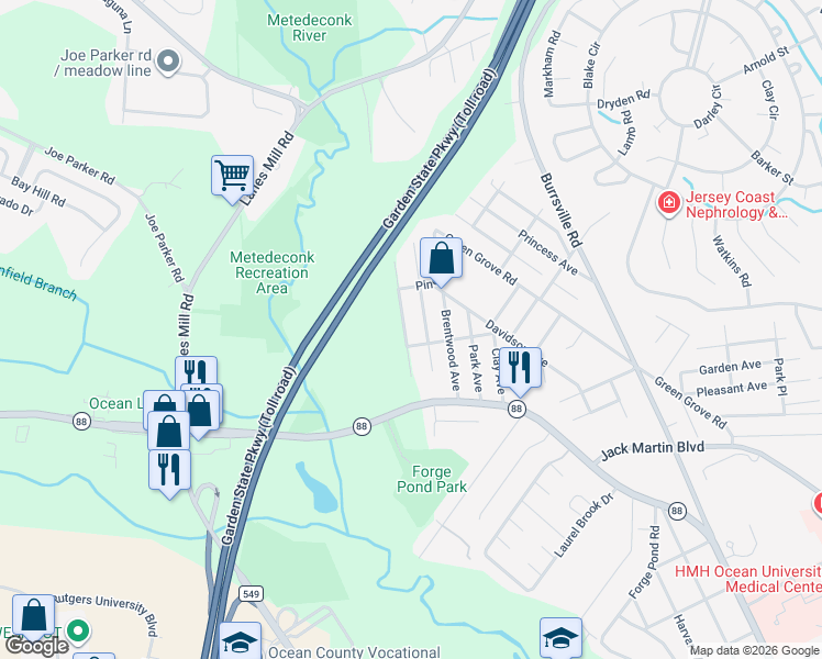 map of restaurants, bars, coffee shops, grocery stores, and more near 1454 Lakewood Avenue in Brick Township