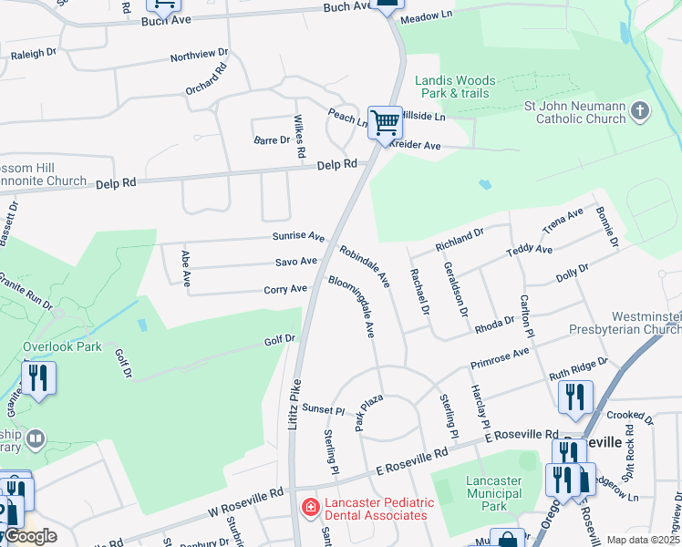 map of restaurants, bars, coffee shops, grocery stores, and more near 2029 Bloomingdale Avenue in Lancaster