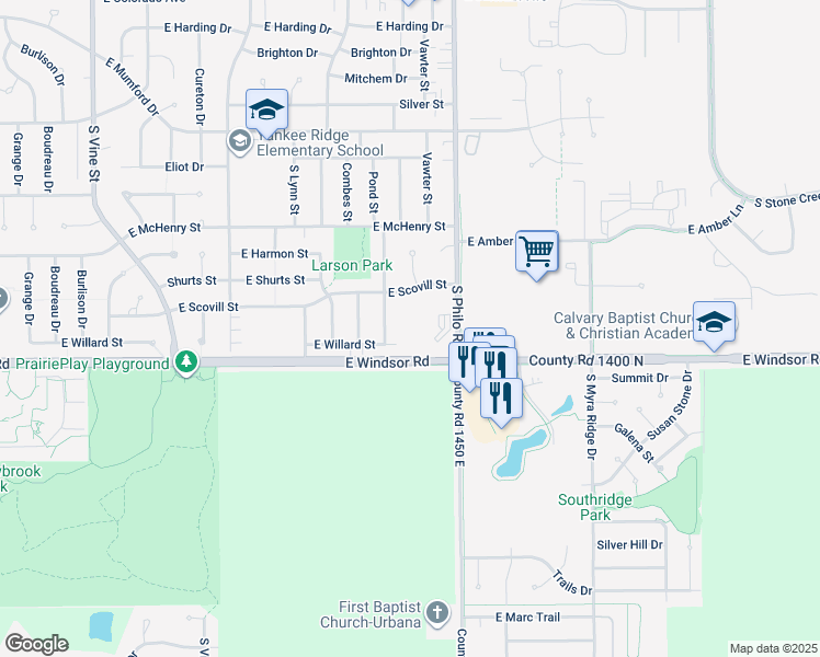 map of restaurants, bars, coffee shops, grocery stores, and more near 2601 South Philo Road in Urbana