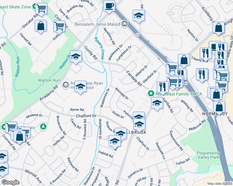 map of restaurants, bars, coffee shops, grocery stores, and more near 11139 Templeton Drive in Philadelphia