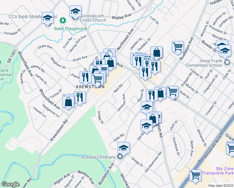 map of restaurants, bars, coffee shops, grocery stores, and more near 9321 Neil Road in Philadelphia