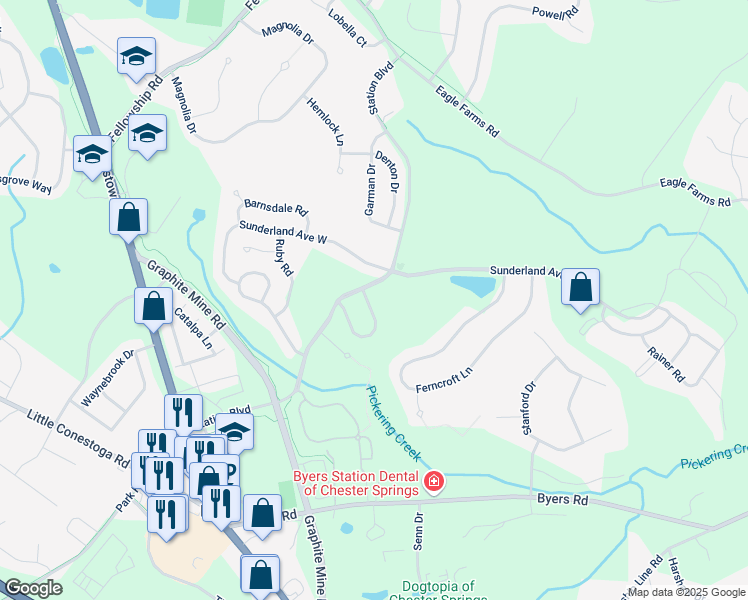 map of restaurants, bars, coffee shops, grocery stores, and more near 1023 Barclay Road in Chester Springs