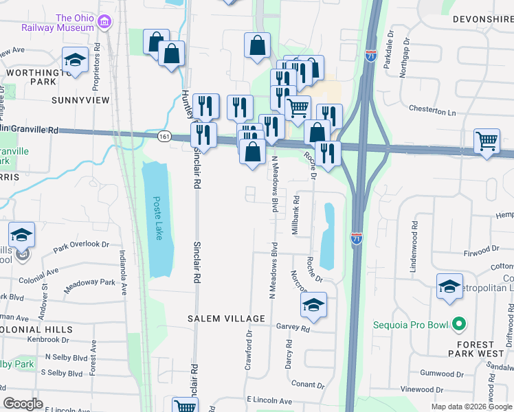map of restaurants, bars, coffee shops, grocery stores, and more near 897 North Meadows Court in Columbus
