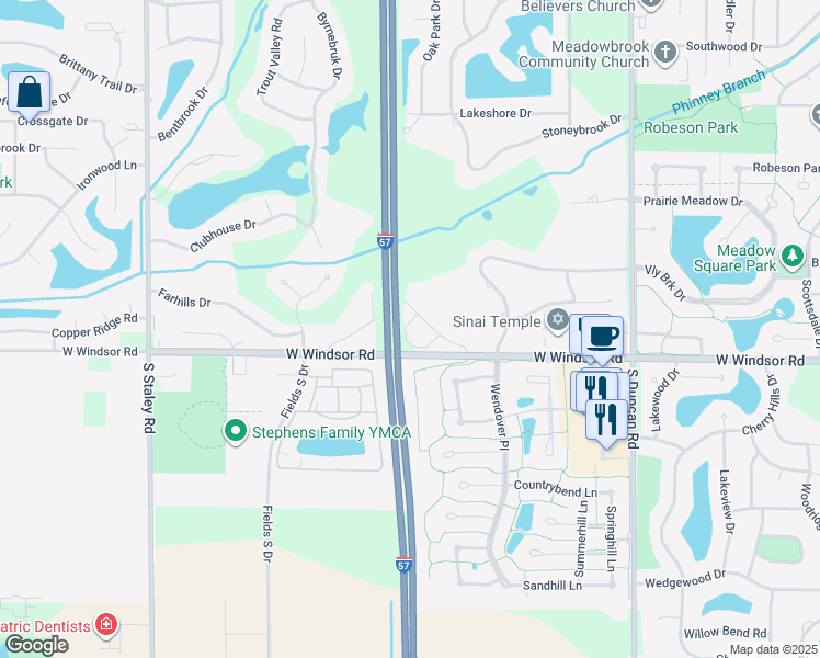 map of restaurants, bars, coffee shops, grocery stores, and more near 2302 Briar Hill Drive in Champaign
