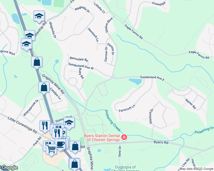 map of restaurants, bars, coffee shops, grocery stores, and more near 1023 Barclay Road in Chester Springs