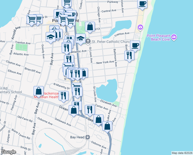 map of restaurants, bars, coffee shops, grocery stores, and more near 313 Newark Avenue in Point Pleasant Beach