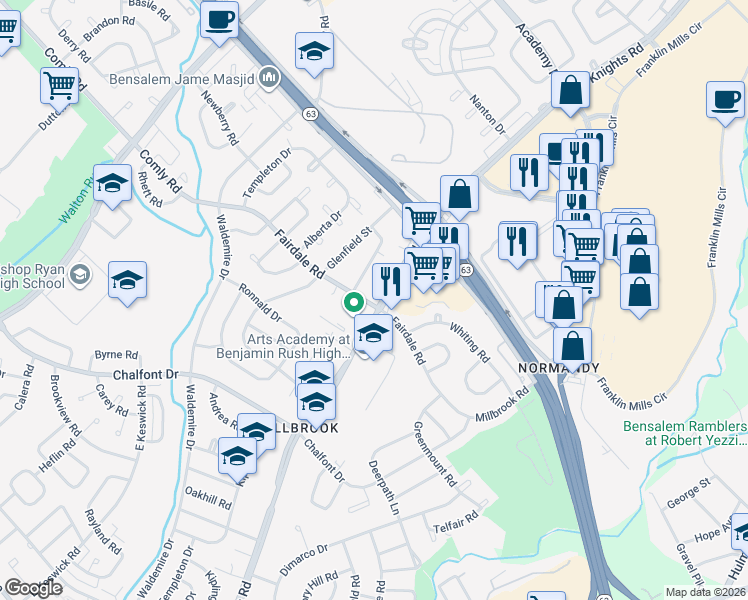 map of restaurants, bars, coffee shops, grocery stores, and more near 3916 Fairdale Road in Philadelphia